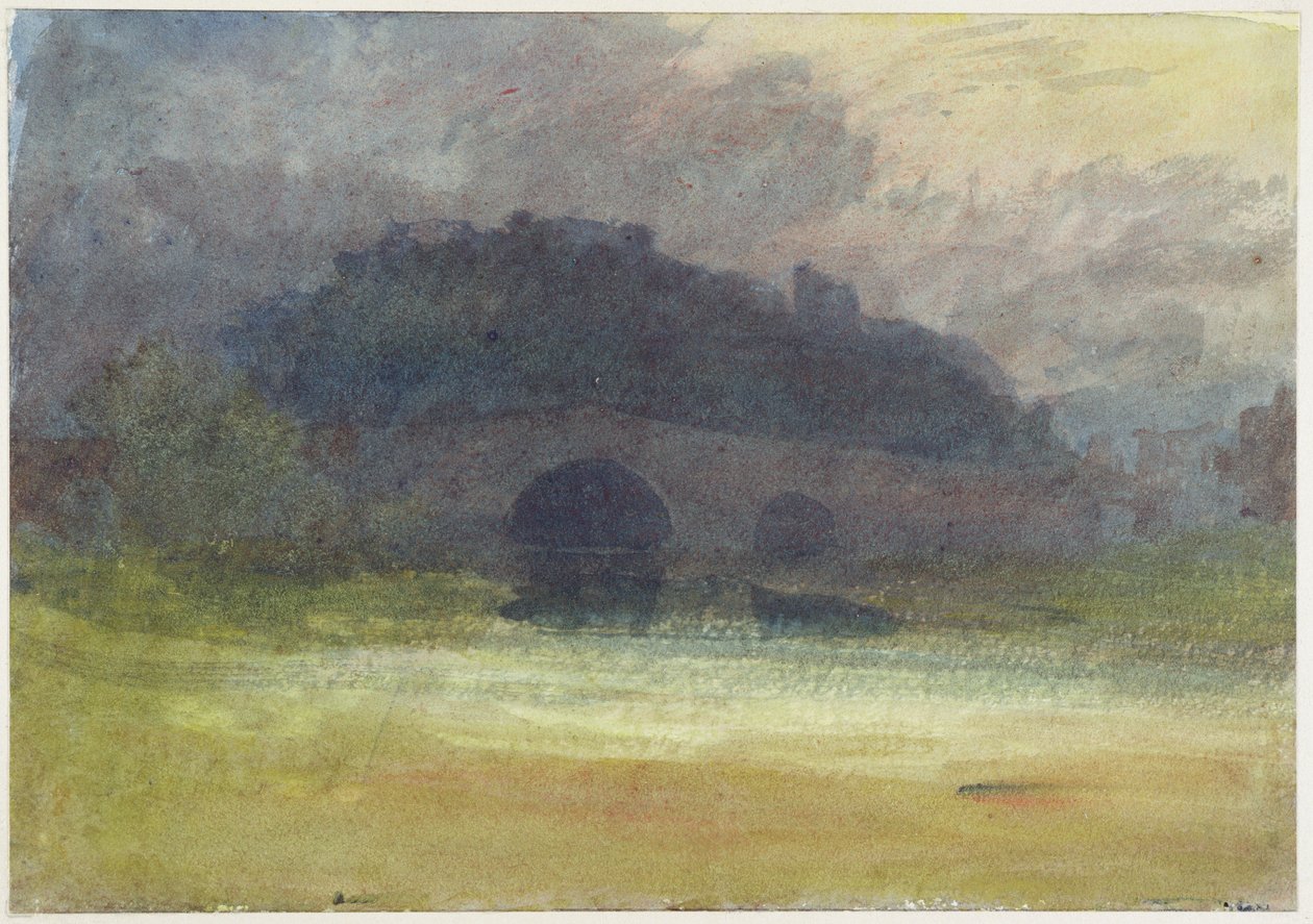 Aftenlandskab med slot og bro i Yorkshire, ca. 1798-99 (wc på vævet papir) af Joseph Mallord William Turner
