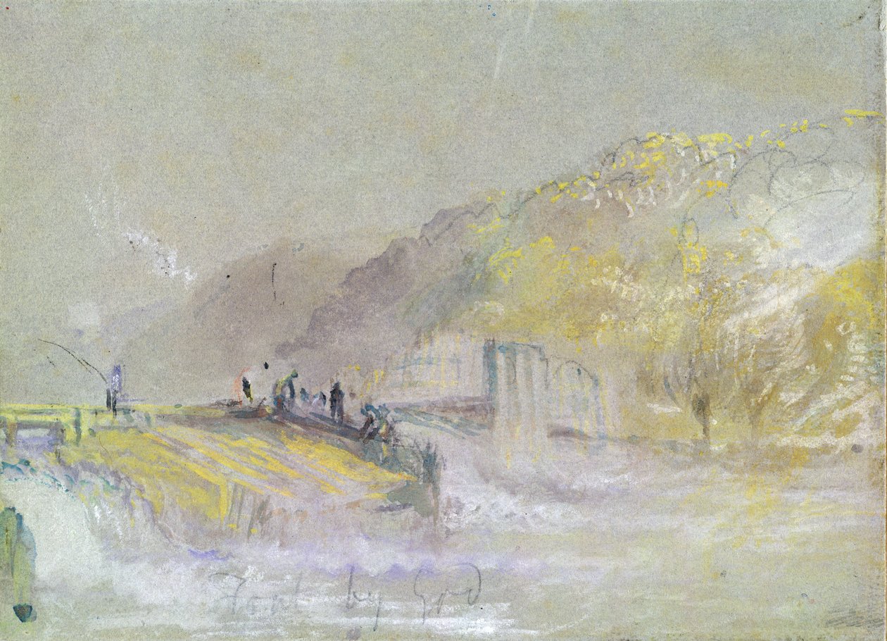 Foul by God: River Landscape with Anglers Fishing from a Weir, ca. 1830 (wc og kropsfarve med blyant og kridt på papir) af Joseph Mallord William Turner