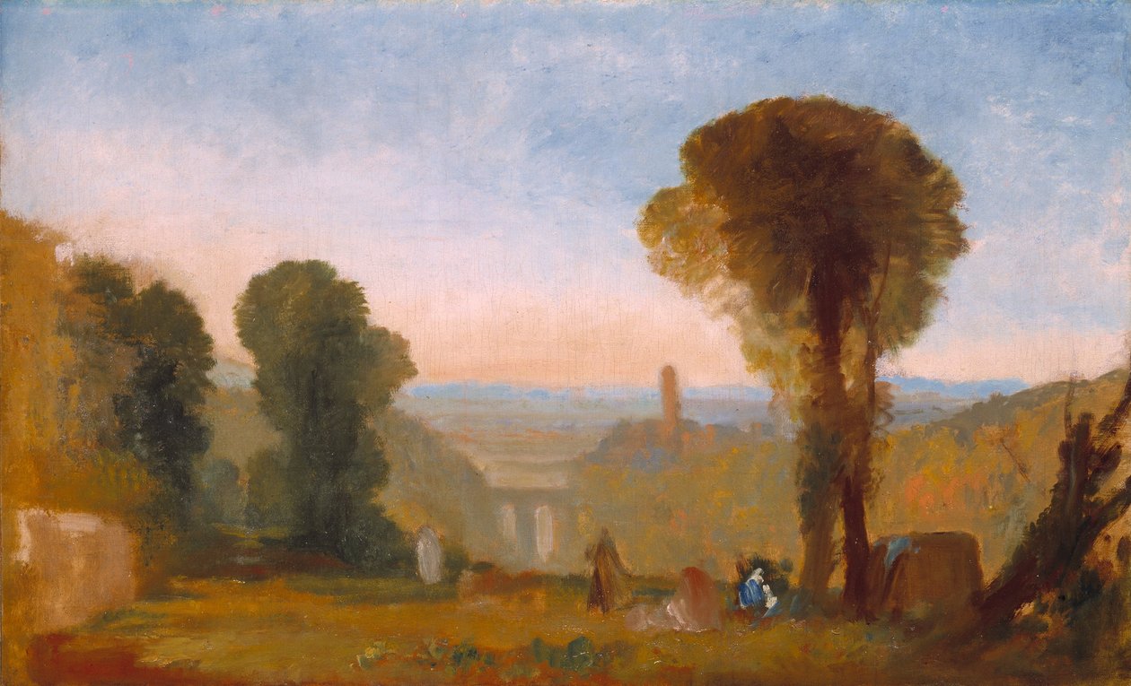 Italiensk landskab med bro og tårn af Joseph Mallord William Turner