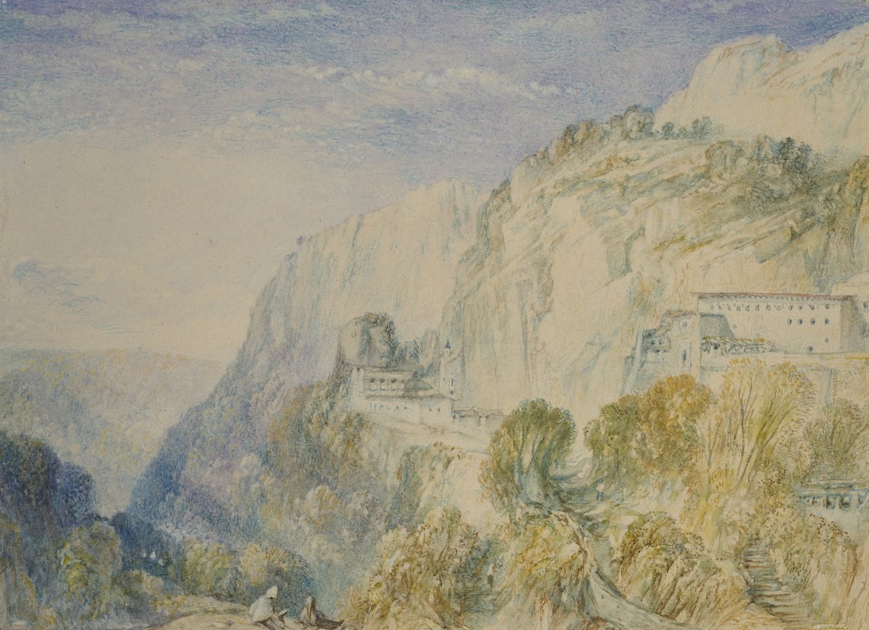 Libanon-bjerget og Sankt Antonio-klosteret, ca. 1832-34 (akvarel over grafit med pen og brunt blæk) af Joseph Mallord William Turner