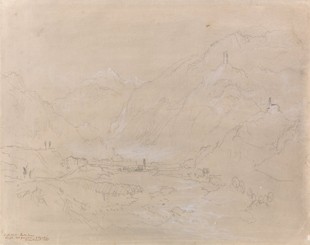 Bjergrige landskaber med by i dalen af Joseph Mallord William Turner