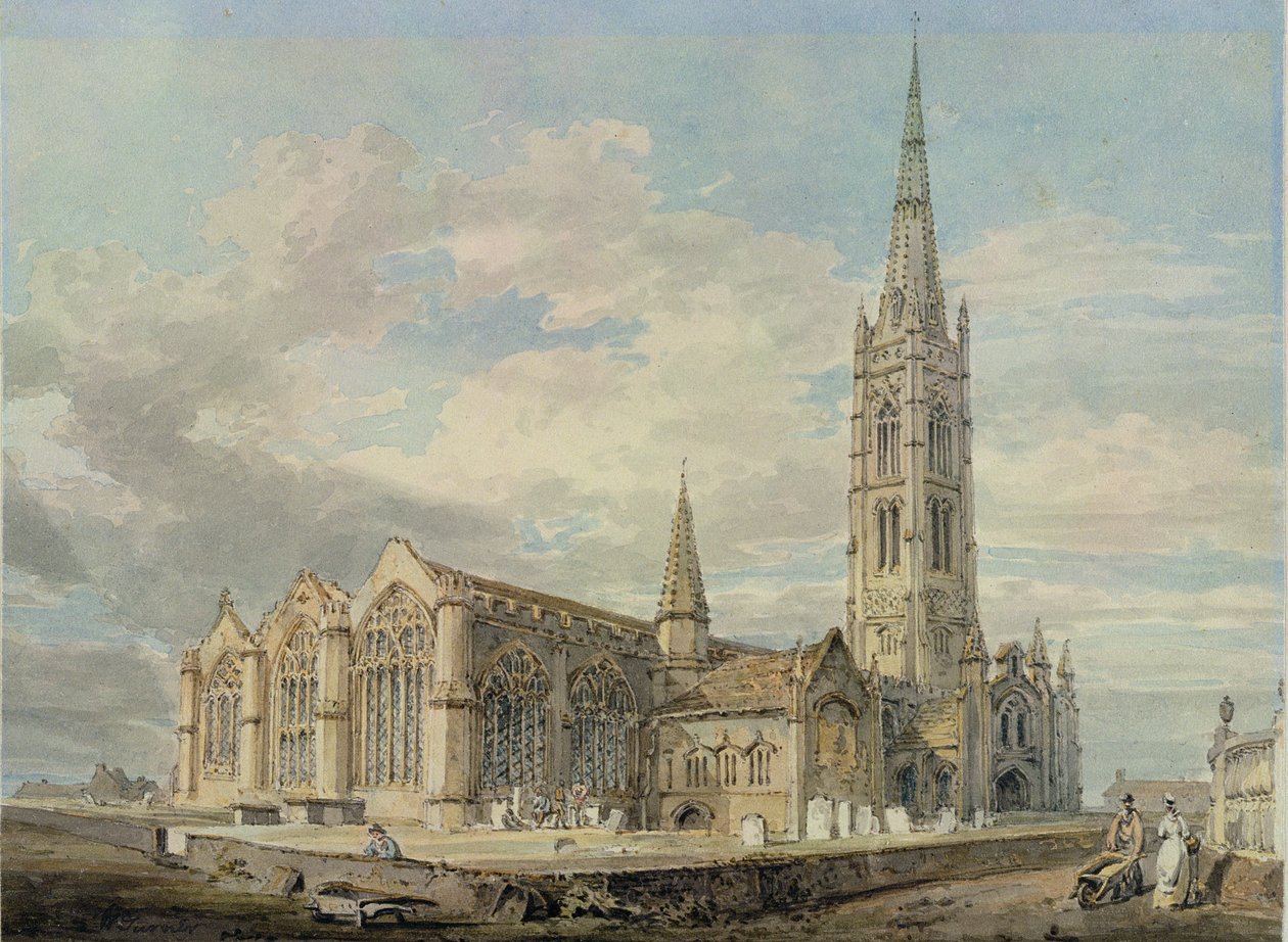 Nordøstlig udsigt over Grantham Church, Lincolnshire, ca.1797 (wc over grafit på papir) af Joseph Mallord William Turner