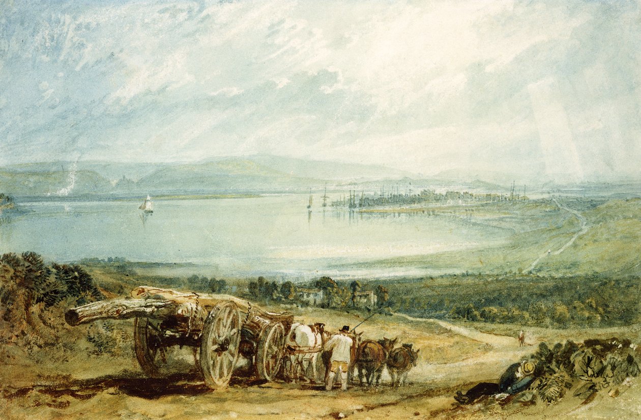 Poole, Dorset med Corfe Castle i det fjerne (wc forstærket med bodycolour på papir) af Joseph Mallord William Turner