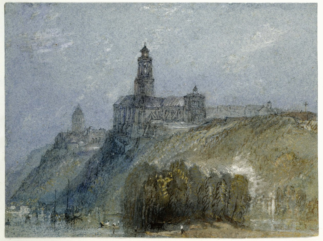 Saint-Florent-le-Vieil, ca. 1826-30 (akvarel og bodycolour med pen og sort og brun tusch på blåt papir) af Joseph Mallord William Turner