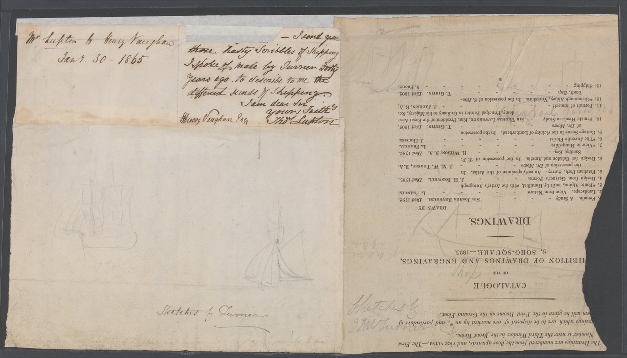 Skitse af to skibe på en katalogside af Joseph Mallord William Turner