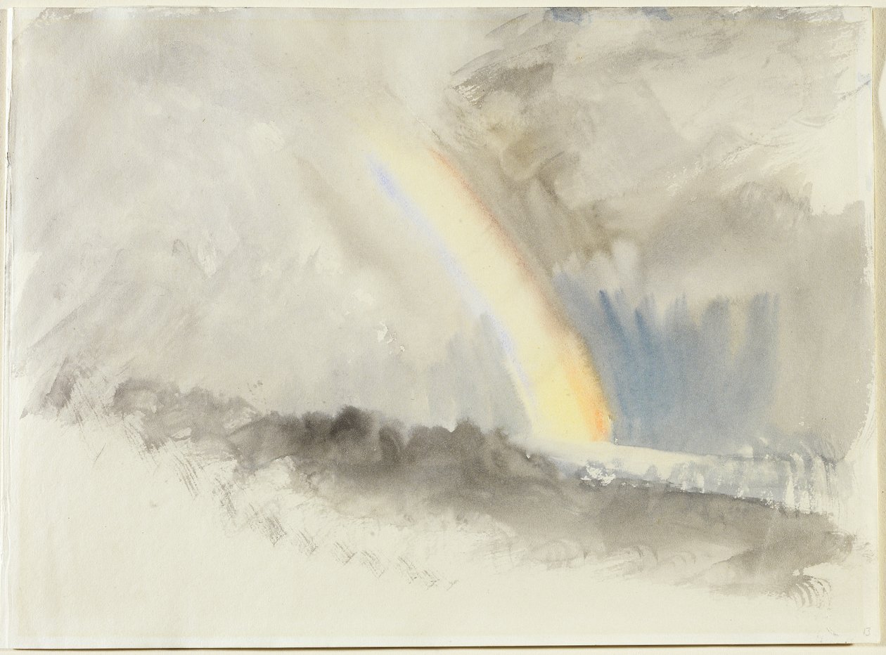 Stormfuldt landskab med regnbue, ca.1824 (wc på papir) af Joseph Mallord William Turner