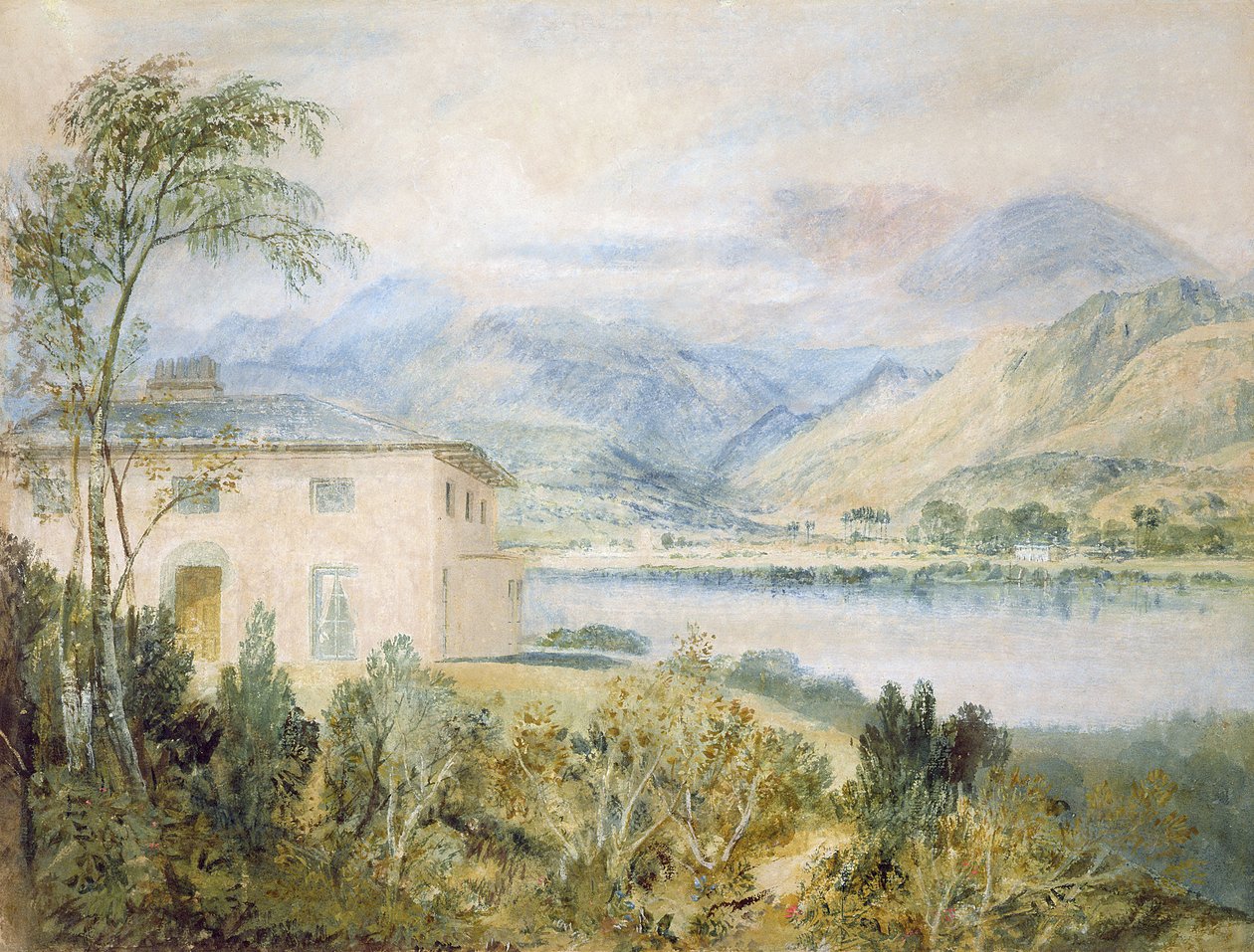 Tent Lodge, af Coniston Water, 1818, (wc og kropsfarve på gråt papir) af Joseph Mallord William Turner