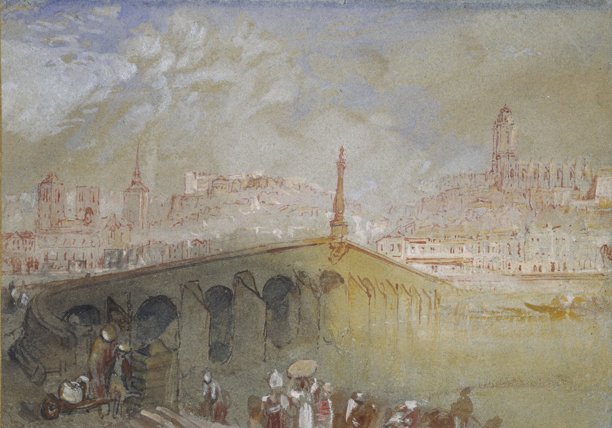 Broen ved Blois: Tåge, 1826 - 1830 (akvarel med bodycolour og pen samt rød og sort blæk) af Joseph Mallord William Turner