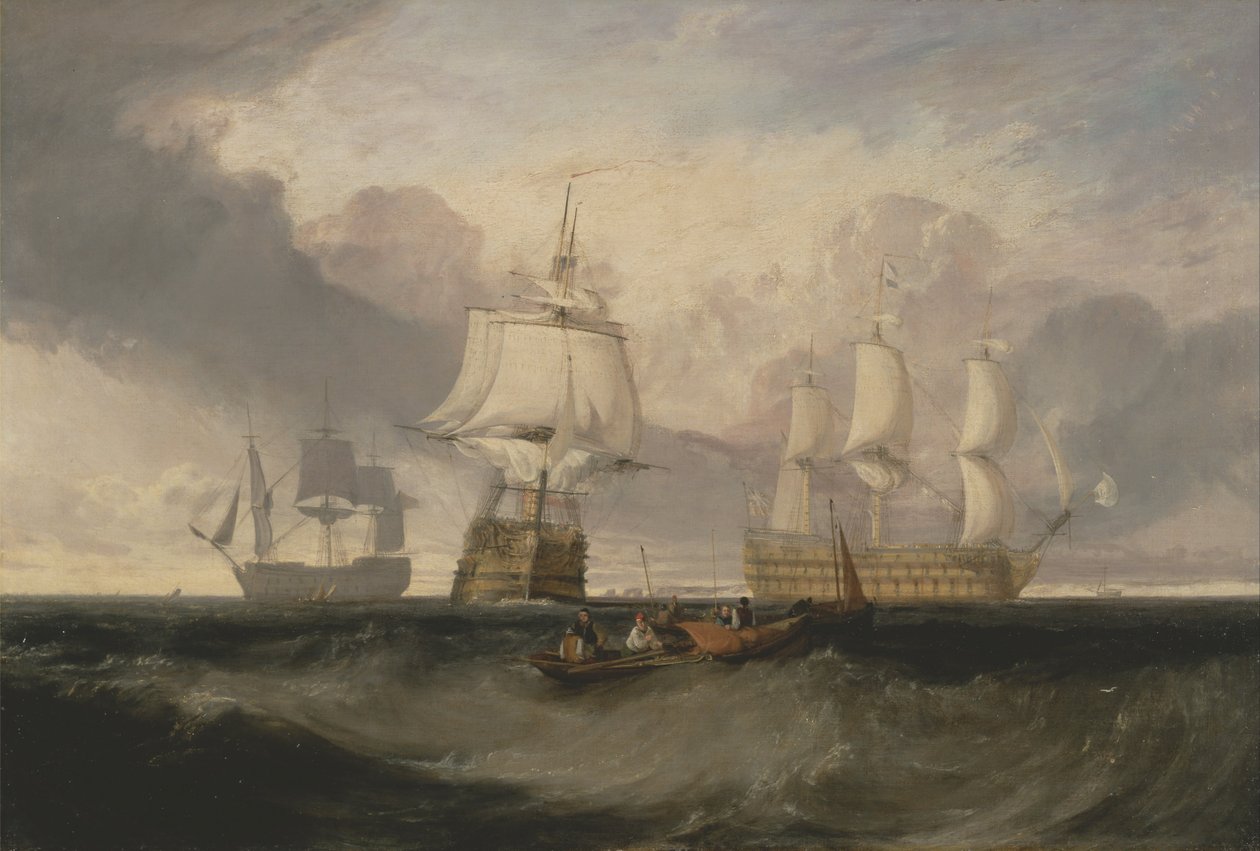 Victory på vej tilbage fra Trafalgar, i tre positioner af Joseph Mallord William Turner