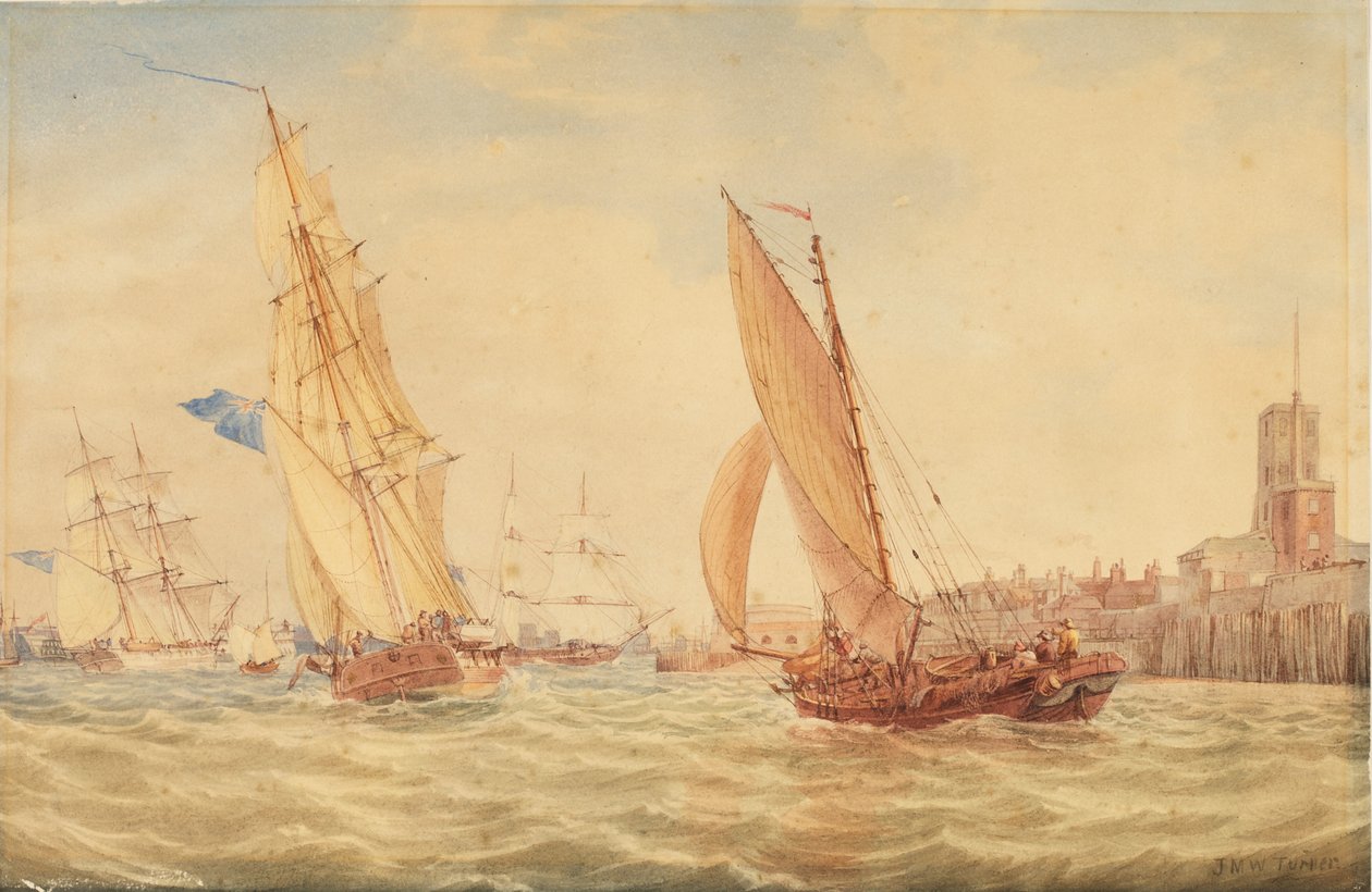 Tre krigsskibe og en fiskesjak på vej ind i havn, Portsmouth, ca. 1800-30 af Joseph Mallord William Turner