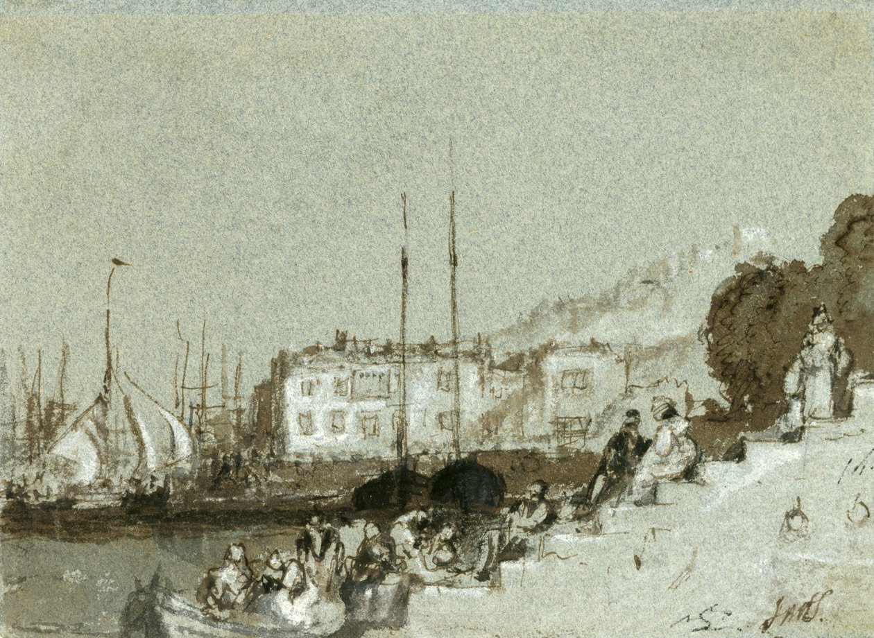 Udsigt over en Seaport East Cowes, Isle of Wight, 1828 (blæk, vask og hvidt kridt på blåt papir) af Joseph Mallord William Turner