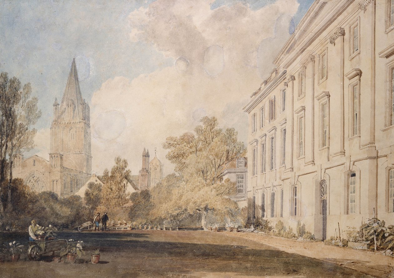 Udsigt over katedralen i Christ Church og en del af Corpus Christi College, 1803-04 (wc over grafit, på papir) af Joseph Mallord William Turner