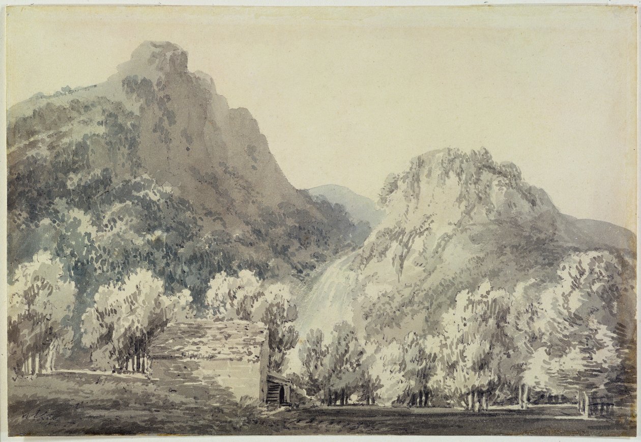 Vandfald ved Lodore, Cumberland (grå og blå vask over grafit på papir) af Joseph Mallord William Turner