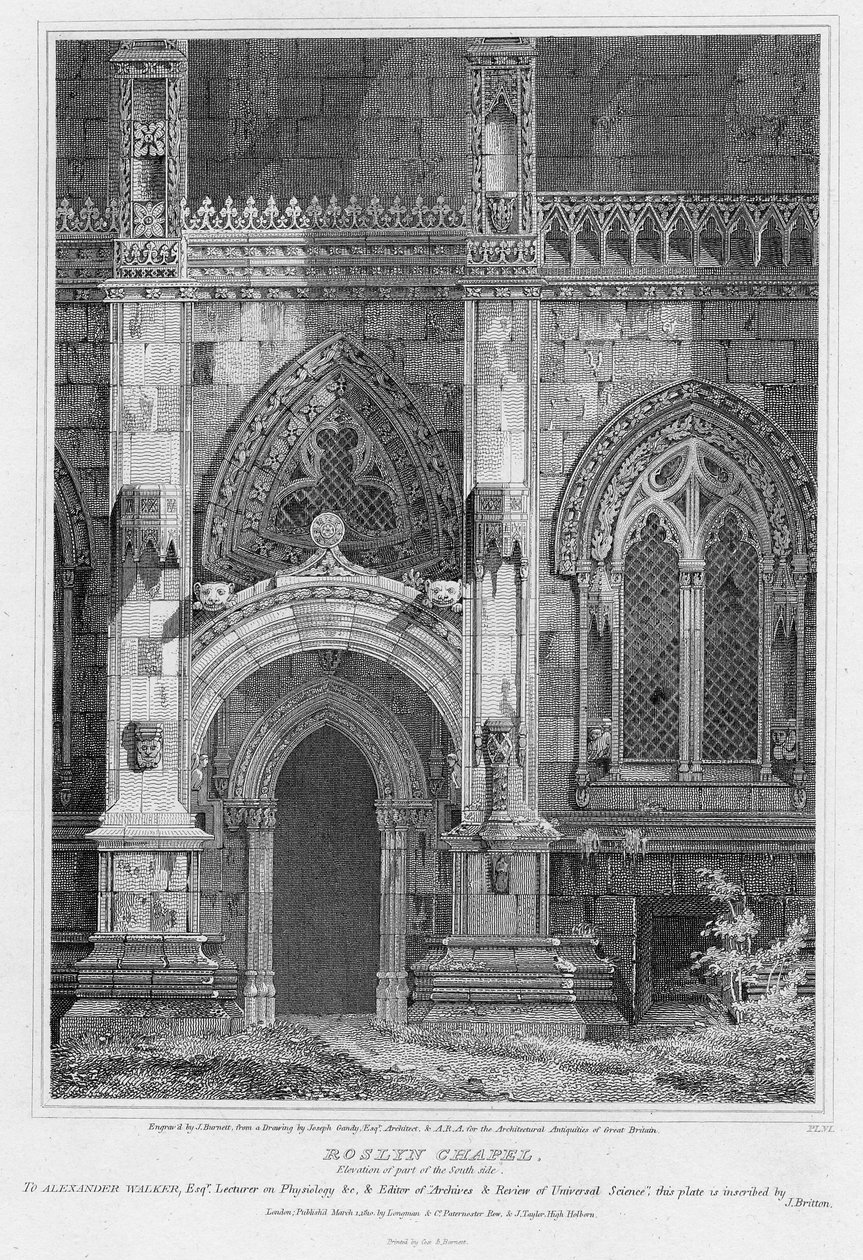 Rosslyn Chapel, forhøjning af en del af sydsiden, indgraveret af J. Burnett, 1810 af Joseph Michael Gandy