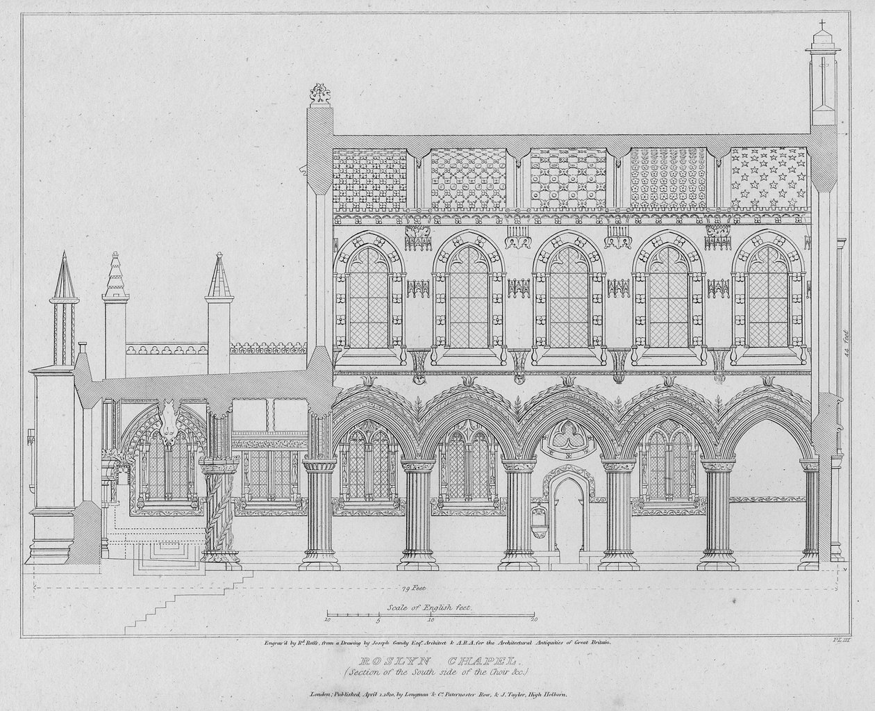 Roslyn Chapel, del af korets sydside, indgraveret af Richard Roffe, 1810 af Joseph Michael Gandy