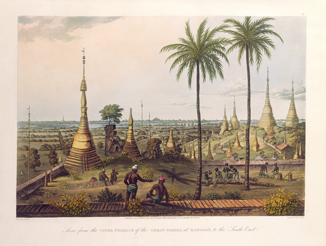 Scene fra den øverste terrasse på den store pagode i Rangoon mod sydøst, graveret af H. Pyall, udgivet af Kingsbury und Co., 1826 (akvaratint i farver) af Joseph Moore