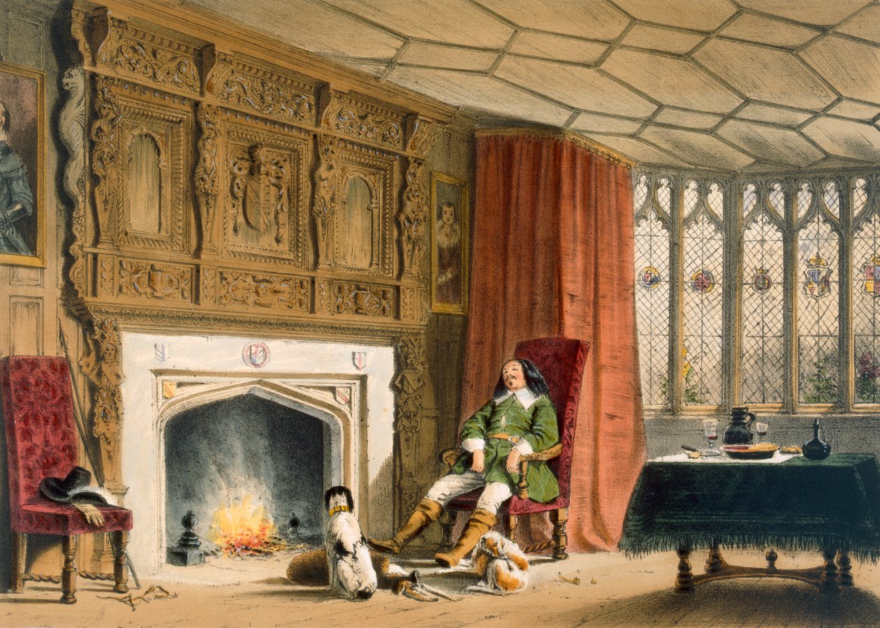 Squire med sine hunde ved ildstedet, Southam Delabere, Gloucestershire, fra 