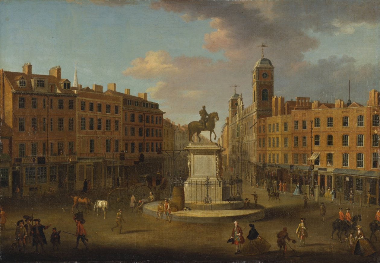 Charing Cross, med statuen af kong Charles I og Northumberland House af Joseph Nickolls