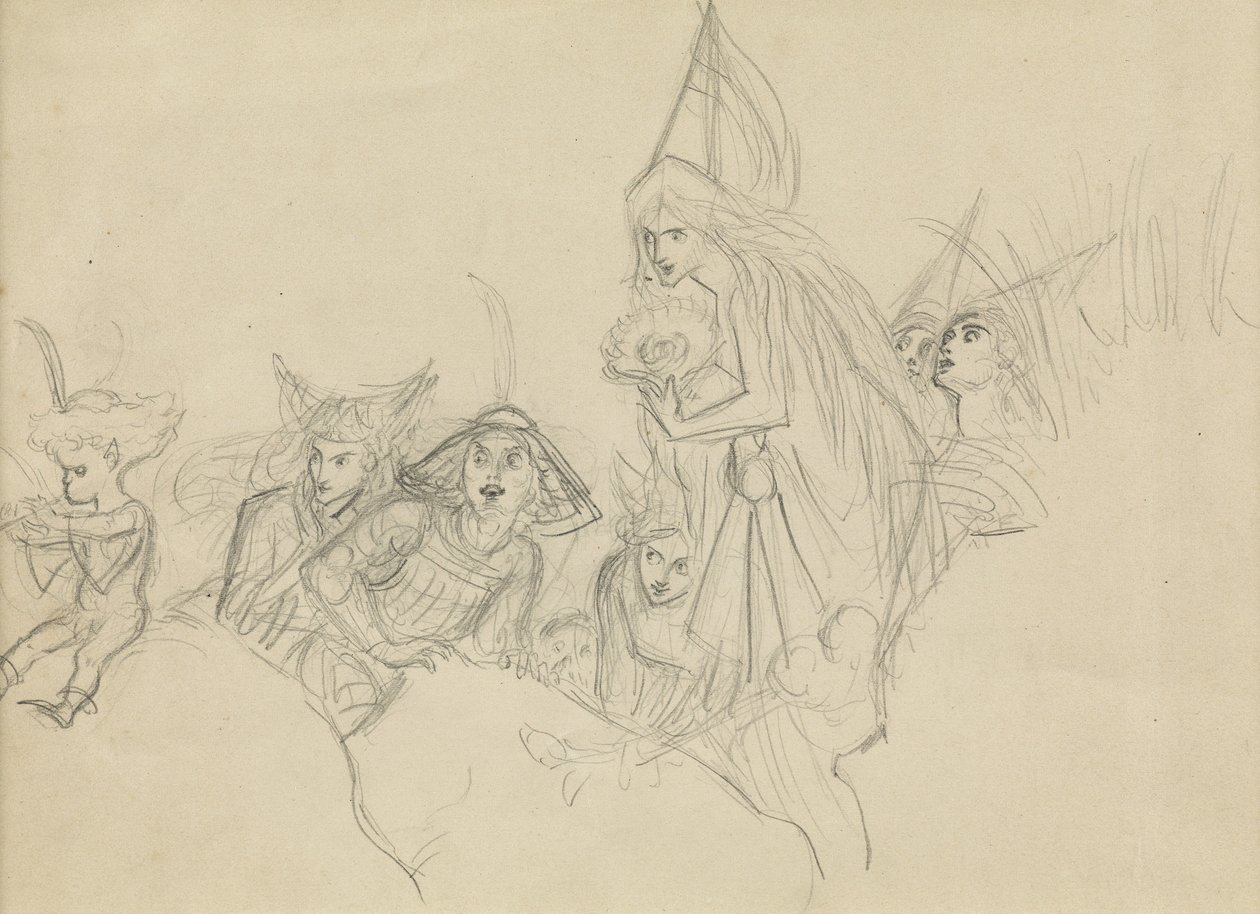 Middelalderfigurer, der stirrer på en alf af Joseph Noel Paton