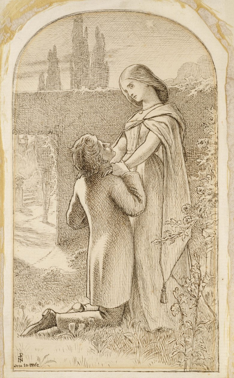 Two Lovers in a starlit Garden, 1862 (pen og mørkebrunt blæk på lagt papir) af Joseph Noel Paton