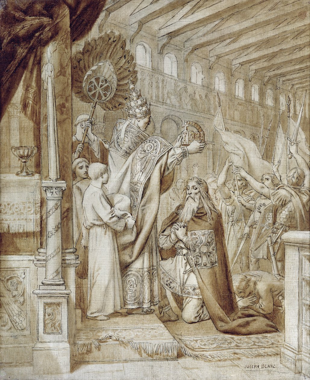 Kroning af Karl den Store (742-814) (pen og blæk på lærred) af Joseph Paul Blanc