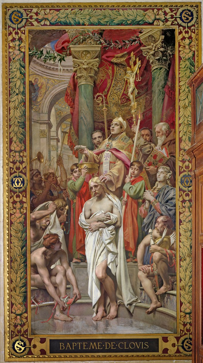 Dåben af Clovis I (465-511) i 496 f.Kr., fra højre tværarm (vægmaleri) af Joseph Paul Blanc
