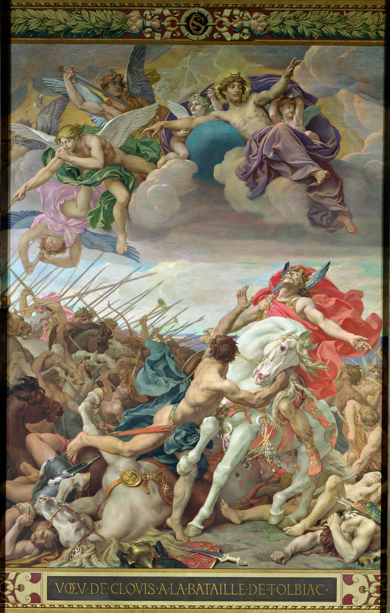 The Vow of Clovis (465-511) ved slaget ved Tolbiac i 506, fra højre tværskib (vægmaleri) af Joseph Paul Blanc