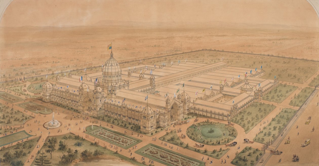 Udstillingsbygningen Melbourne 1880, fra Sydøst viser hovedhallen af Joseph Reed