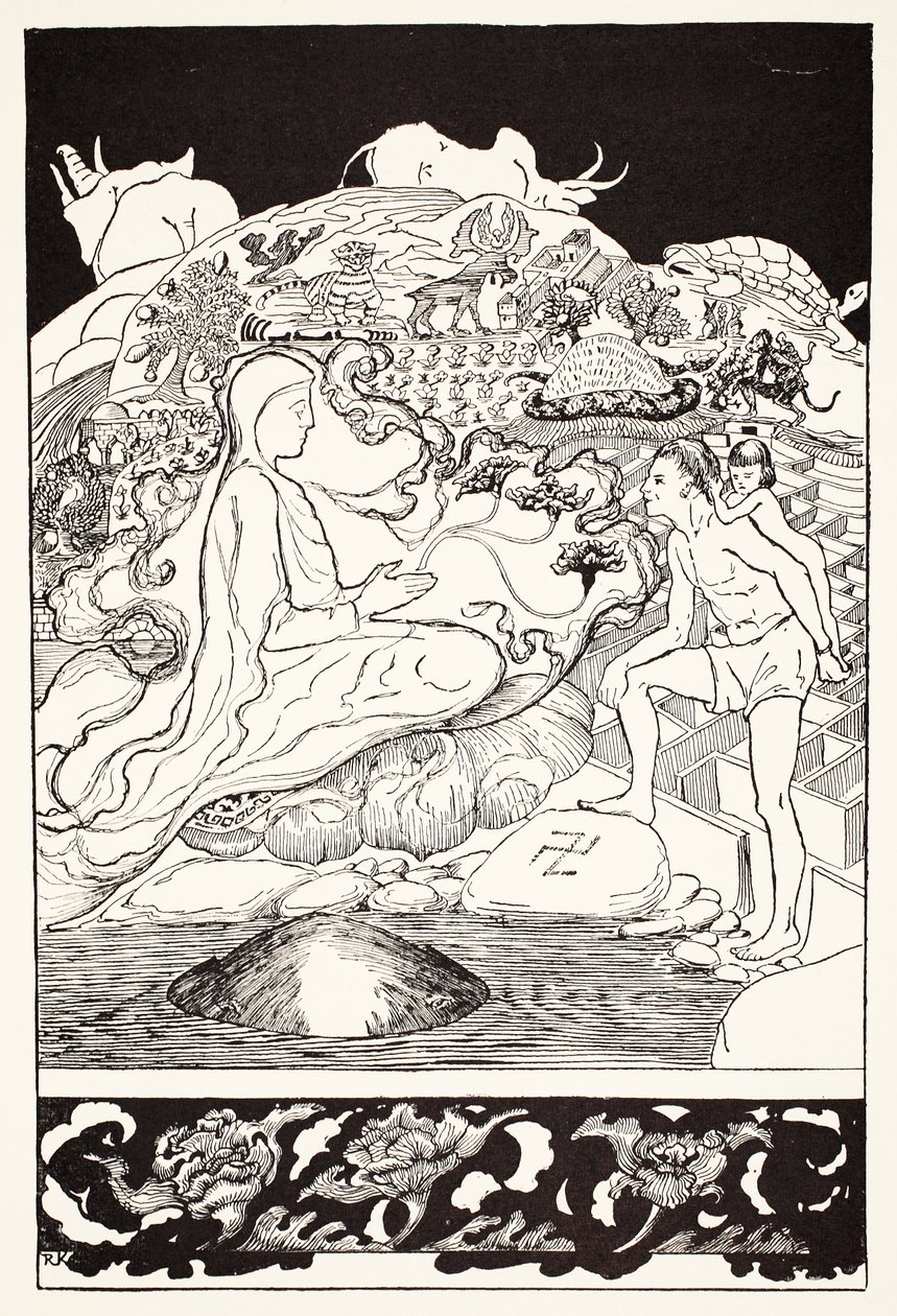 Krabben Pau Amma løber væk, mens den ældste troldmand taler til manden og hans lille pigedatter, illustration fra "Just So Stories for Little Children" af Rudyard Kipling, udg. London, 1 af Joseph Rudyard Kipling