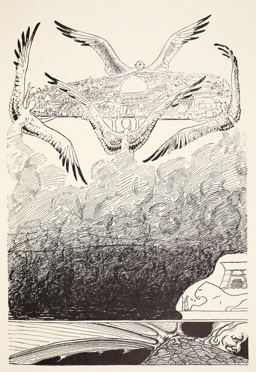 De fire mågevingede djinner løfter Suleiman-bin-Daouds palads op i samme øjeblik efter, at sommerfuglen havde stemplet, illustration fra 
