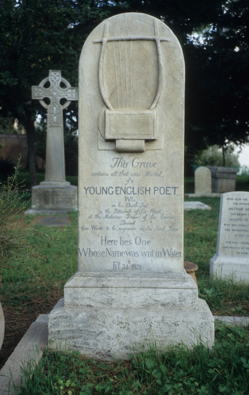 Gravsten rejst for Keats på den protestantiske kirkegård, Rom, dateret den 24. februar 1821 af Joseph Severn