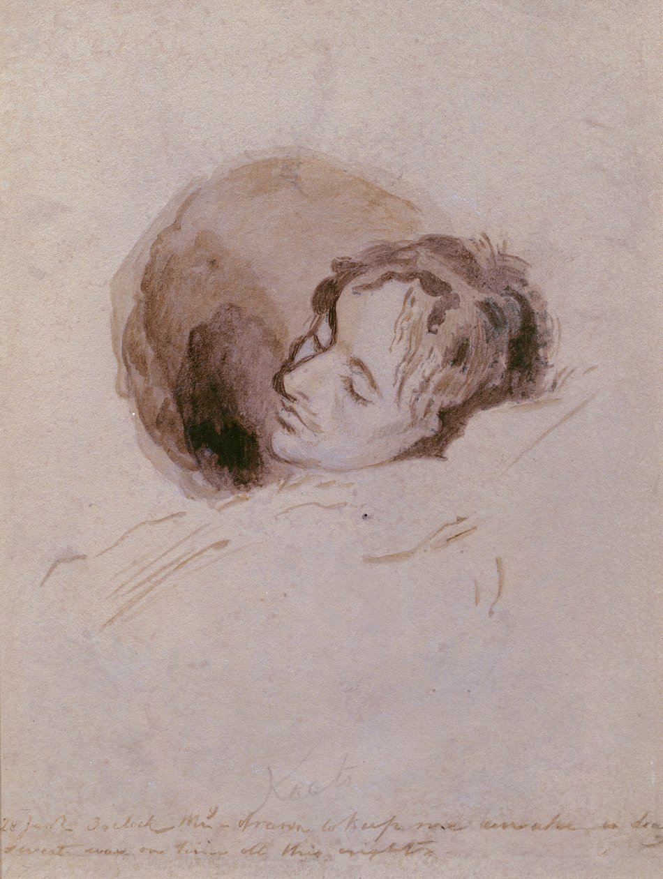 Keats on his Death Bed, 1821 (blækvask på papir) af Joseph Severn