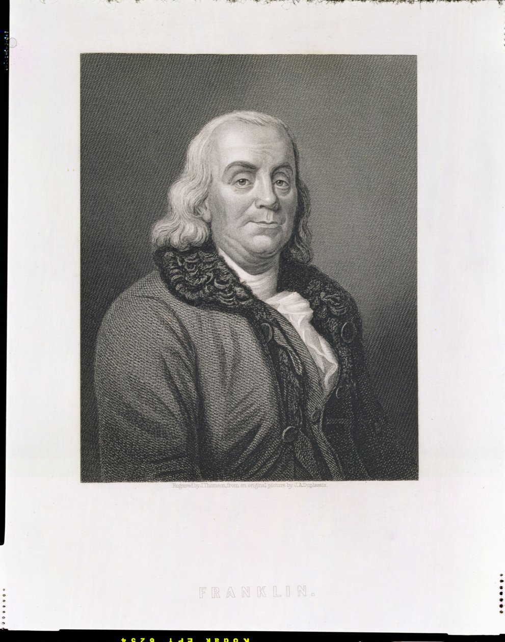Portræt af Benjamin Franklin, indgraveret af J. Thomson, pub. af William Mackenzie af Joseph Siffred Duplessis