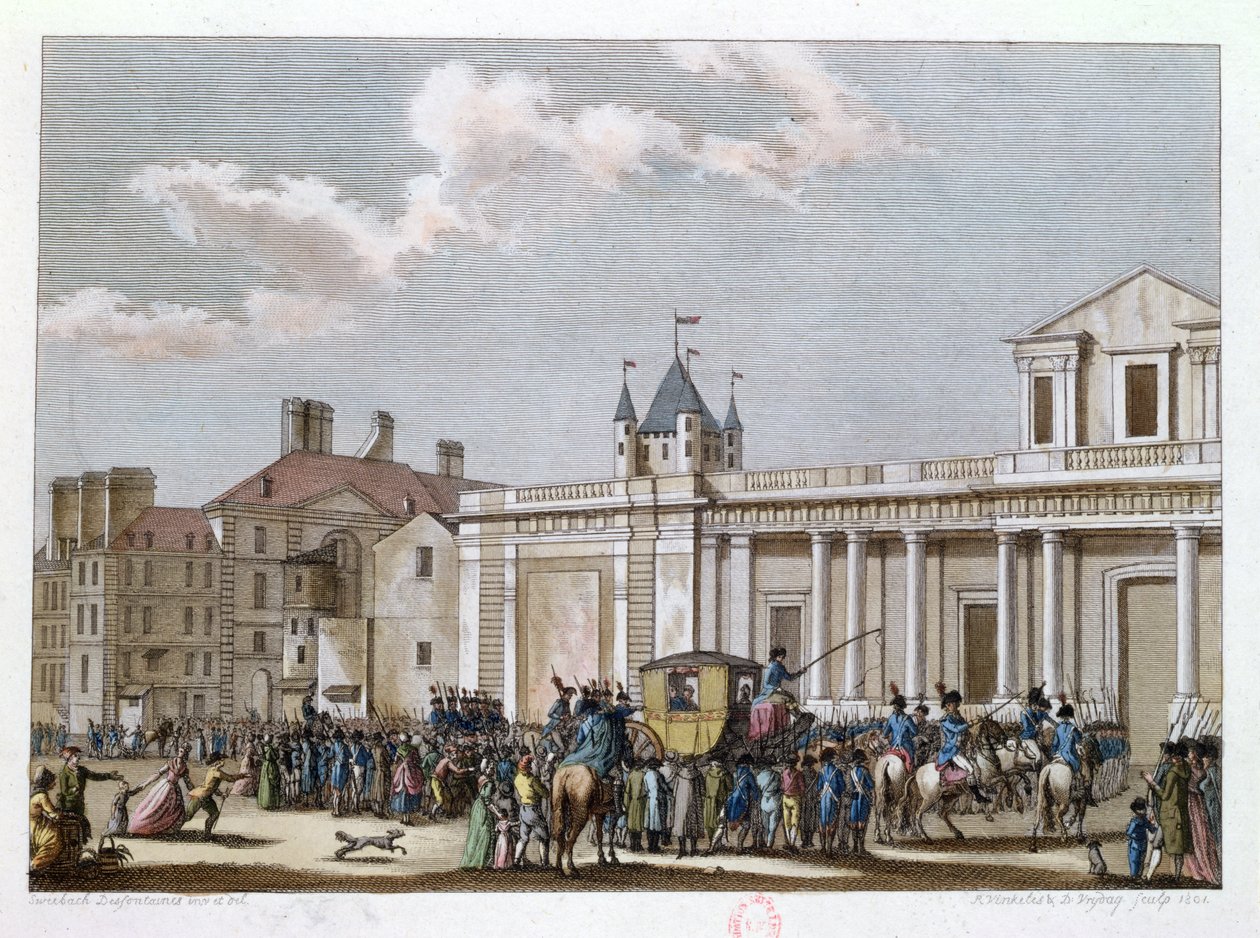 Louis XVI (1754-93) og hans familie taget til templet, 13. august 1792, indgraveret af Reinier Vinkeles (1741-1816) og Daniel Vrydag (1765-1822) 1801 af Joseph Swebach Desfontaines