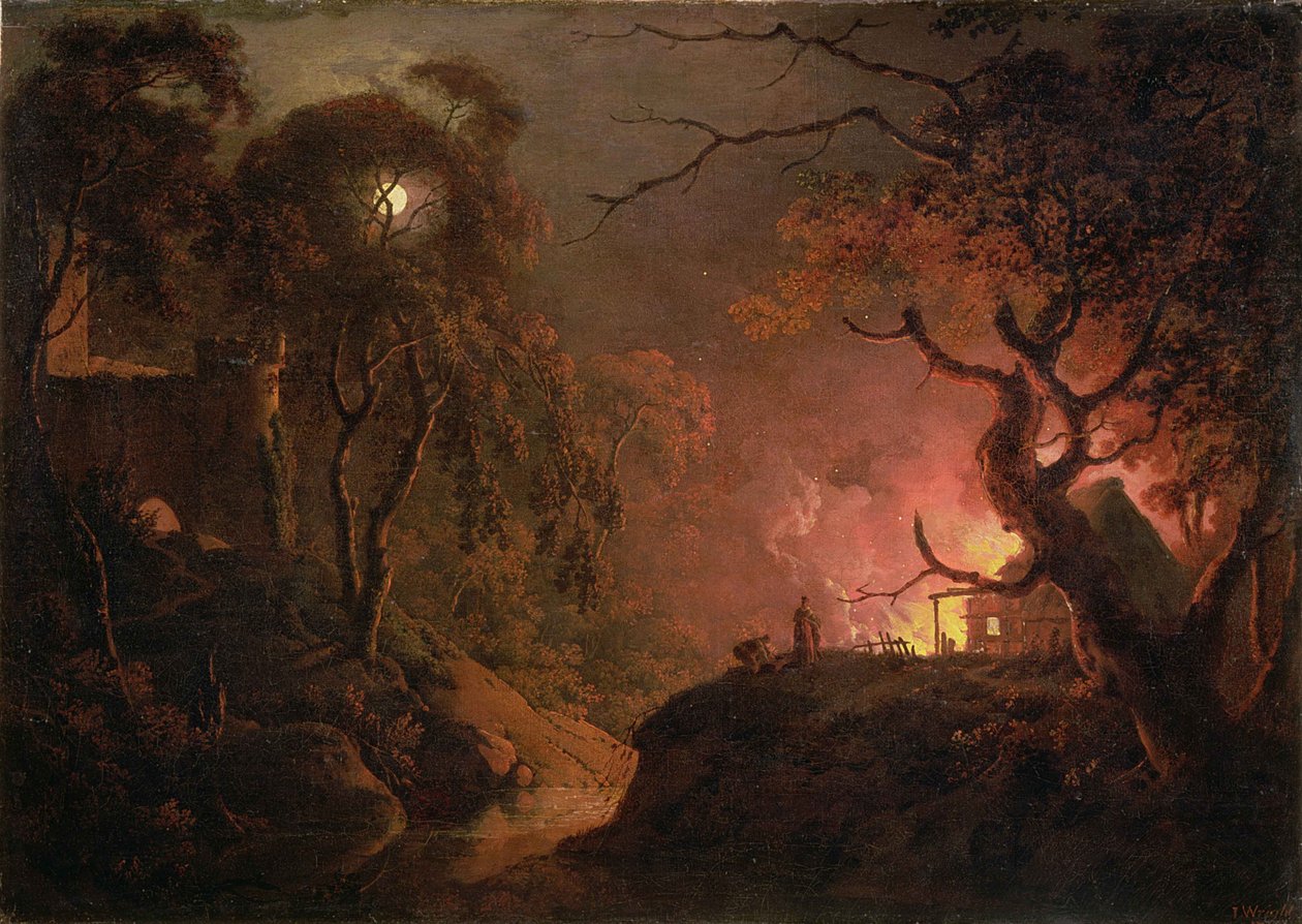 Et sommerhus i brand om natten, ca. 1785-93 af Joseph Wright of Derby