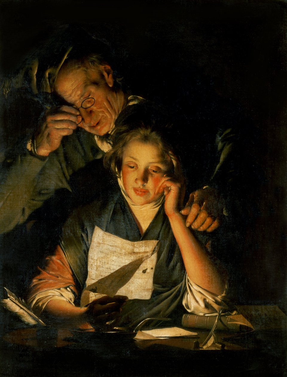 En pige læser et brev, mens en gammel mand læser over hendes skulder, ca.1767-70 af Joseph Wright of Derby
