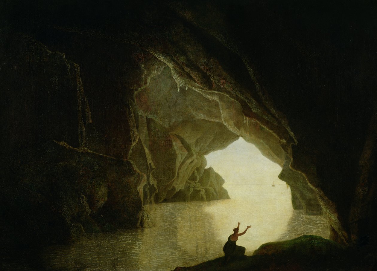 En grotte i Salernumbugten med Julia-skikkelsen, forvist fra Rom, udst. 1780 (par af 72365) af Joseph Wright of Derby