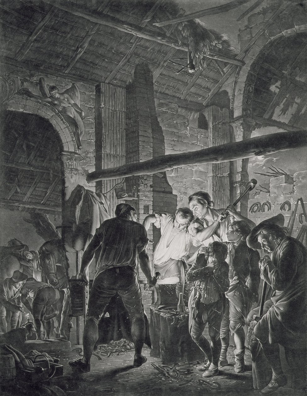 Smedens værksted, graveret af Richard Earlom (1743-1822), 1771 (mezzotint) af Joseph Wright of Derby