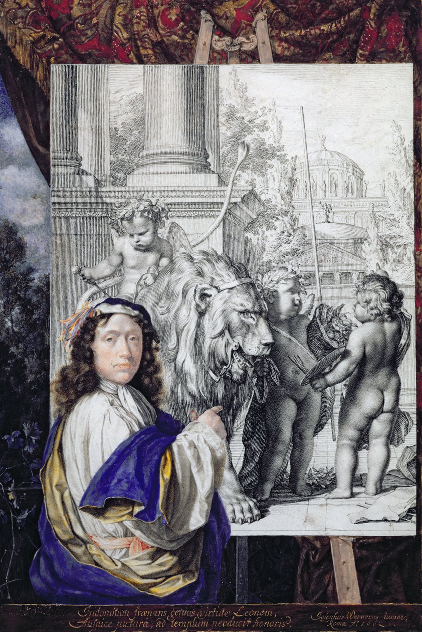 Selvportræt, 1662 (pen og blæk og toilet på vellum) af Joseph Werner