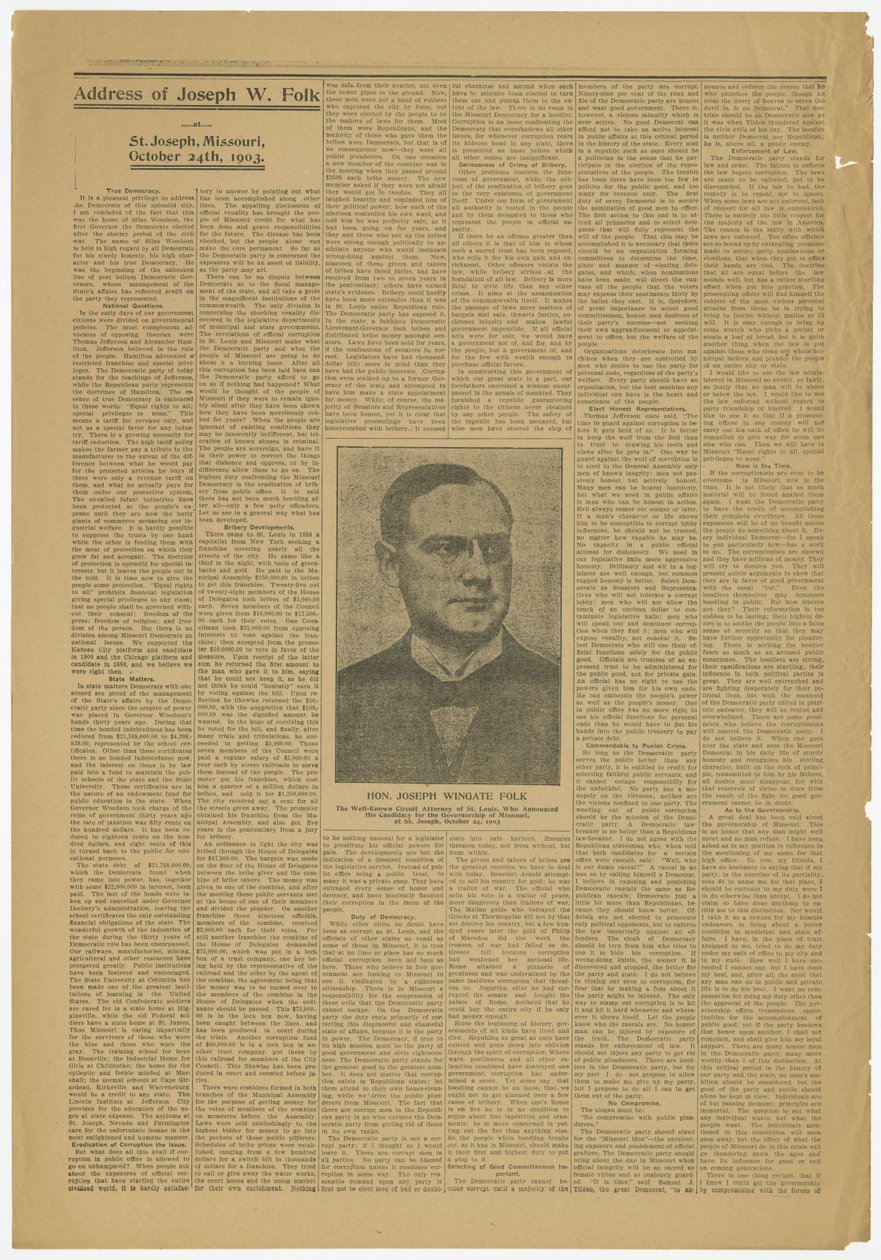 Adresse af Joseph W. Folk, St. Joseph, Mo., kandidat til Missouri-statsrådet, 24. oktober 1903 af Joseph Wingate Folk