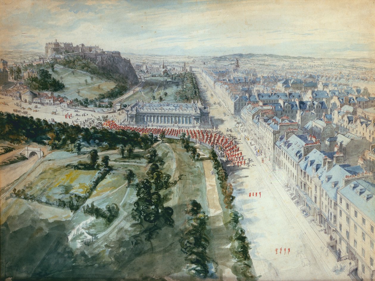 Princes Street, Edinburgh Looking West, kl. 10.15 august, 1847, viser Parade, West of the Institution (wc) af Joseph Woodfall Ebsworth