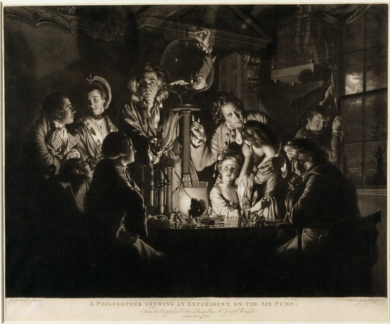 En filosof der viser et eksperiment på luftpumpen, indgraveret af Valentine Green (1739-1813) 1769 (mezzotint, ridset bogstavbevis) af Joseph Wright of Derby