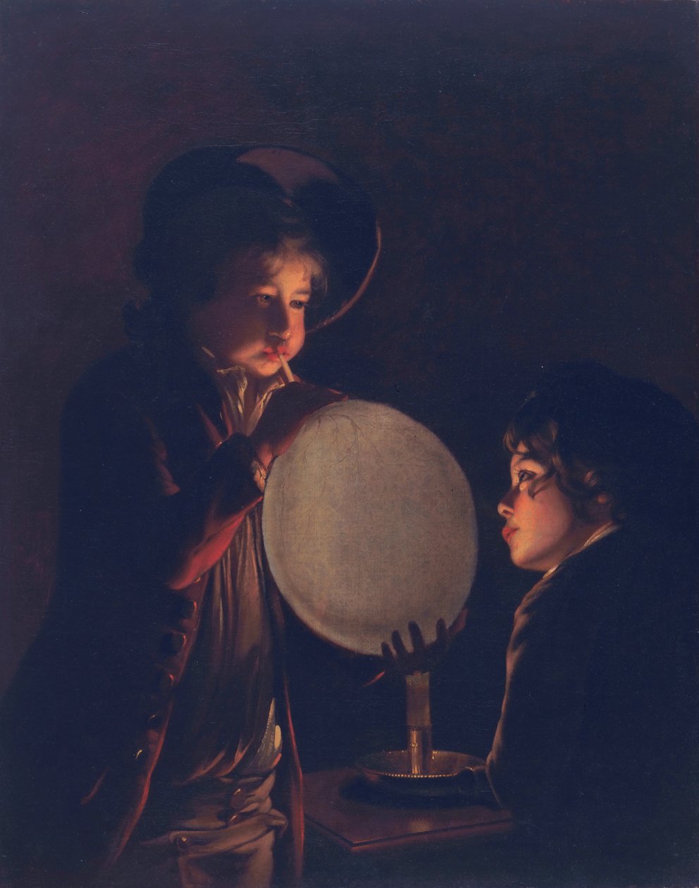 To drenge ved levende lys, blæser blære, ca. 1767-73 af Joseph Wright of Derby