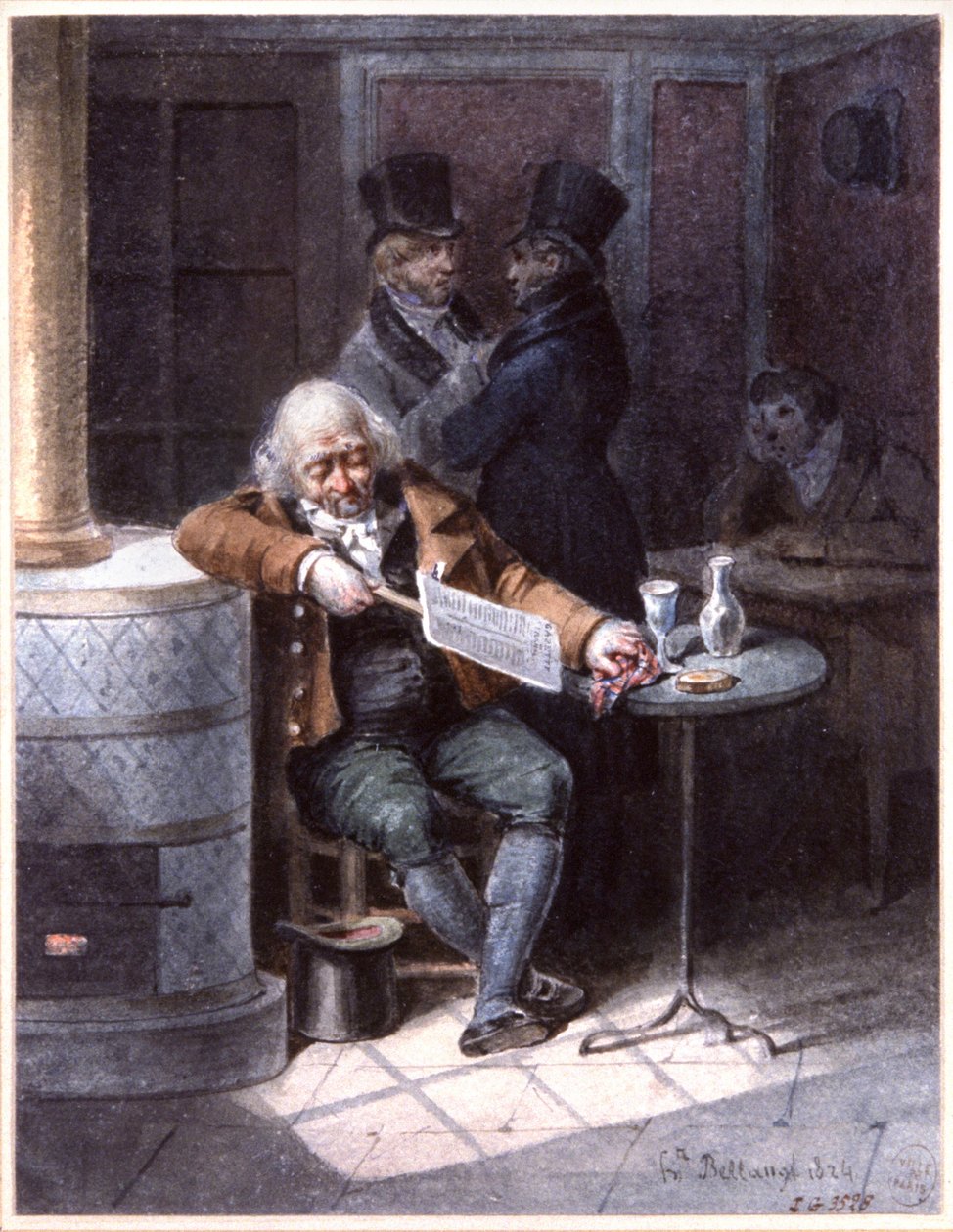Gammel mand læser avis på en cafe, Paris af Joseph Louis Hippolyte Bellange