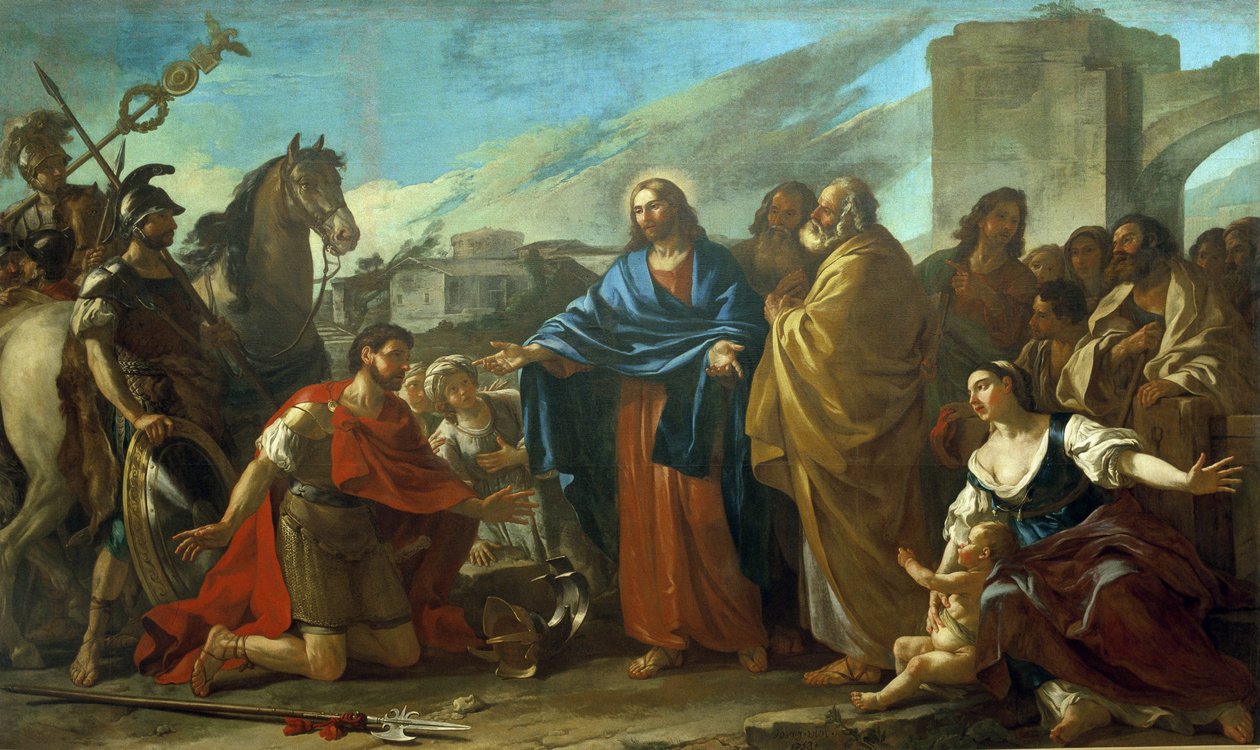 Kristi Mirakler: "" Høvedsmanden ved Kristi fødder" af Joseph Marie, the Elder Vien