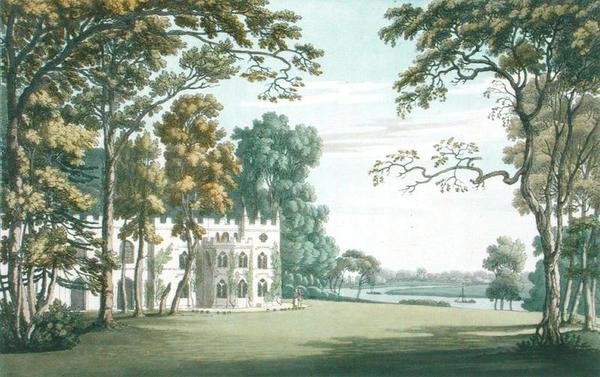 Huset, haverne og søen ved Strawberry Hill, indgraveret af J.C. Stadler (fl.1780-1812), udgivet i 1793 (farvet gravering) af Joseph (after) Farington