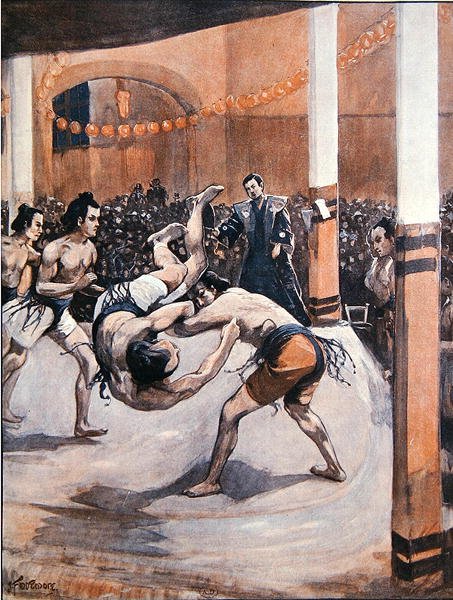 Traditionel japansk brydning: Sumobrydere, der viser deres kunst på den japanske udstilling i London i 1910 (farve litho) af Joseph (after) Finnemore