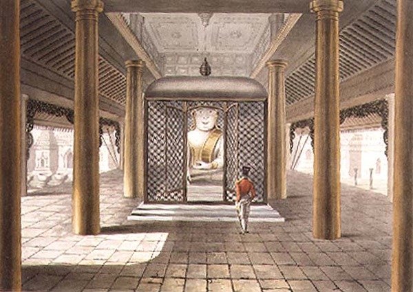 En soldat stående i et Rangoon-tempel, indgraveret af George Hunt af Joseph (after) Moore