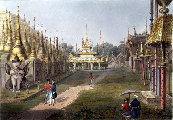 Scene på terrassen ved den store Dagon-pagode i Rangoon med udsigt mod nord, plade 5 fra "Rangoon Views", graveret af George Hunt af Joseph (after) Moore