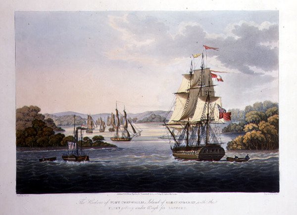 Havnen i Port Cornwallis. Øen Great Andaman, med flåden på vej til Rangoon, graveret af G. Hunt, udgivet af Kingsbury & Co. i London. af Joseph (after) Moore